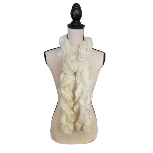 Coldwater Creek Womens Scarf Ruffled Knit Ivory White Lightweight Minimalist - Picture 2 of 8